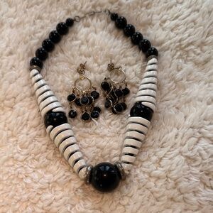 Vintage Statement Necklace + Earrings Set – Black & White Bold Retro
